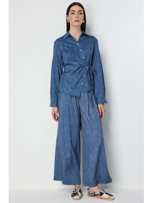 On Kadın Pileli Bol Paça Pantolon 72346 Indigo