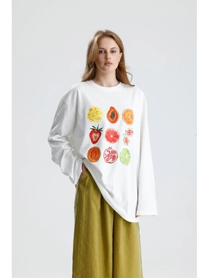 Minaaise Kadın Ekru Oversize Baskılı Pamuk T-Shirt 31145