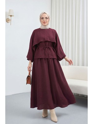 Moda Morfo Pelerin Detaylı Beli Bağlamalı Etekli Cupra Takım  -Mürdüm