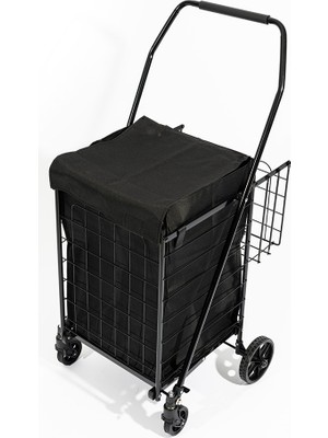 Rafiste 4 Tekerlekli 60 L Katlanabilir Kılıflı Pazar Arabası – 360° Dönebilen Metal Iskeletli Siyah Alışveriş Arabası