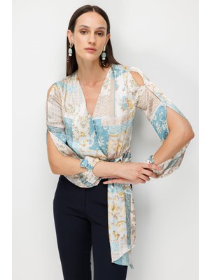 Ekol Kadın Beli Fularlı Desenli Crop Bluz 2094 Turkuaz