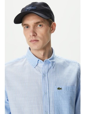 Lacoste Men's Regular Fit Button-Down Collar Linen Shirt Blue Erkek Düğmeli Yaka Keten Çizgili Gömlek Mavi
