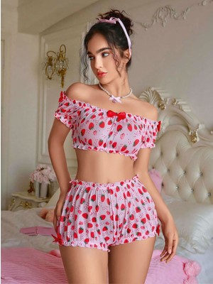 Yorpa Kadın Pembe Çilek Desenli Fantezi Şort Takım 2156