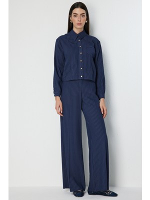 On Kadın Çizgili Bol Paça Pantolon 78306 Lacivert