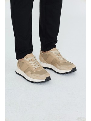 White Stone Bej Hakiki Deri Bağcıklı Yüksek Tabanlı Erkek Sneaker