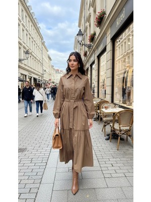 Nuss 2040 Desenli Elbise- Camel