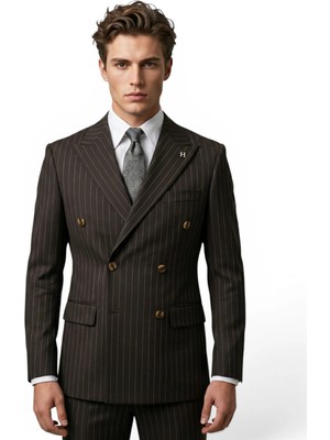 HERMOSE Sartorial | Espresso Kahve Çizgili Kruvaze Takım Elbise