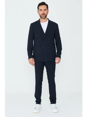 White Stone Lacivert Kruvaze Ince Çizgili 6 Drop Regular Fit Takım Elbise