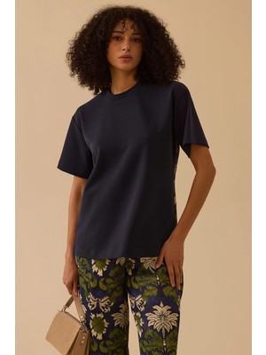 Seçil Kadın Tropik Desen Yuvarlak Yaka T-Shirt 0003 Lacivert