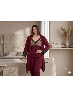 Hb Comfort 3'lü Dantel Detaylı Sabahlıklı Kadın Pijama Takımı