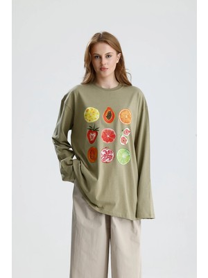 Minaaise Kadın Haki Oversize Baskılı Pamuk T-shirt 31145
