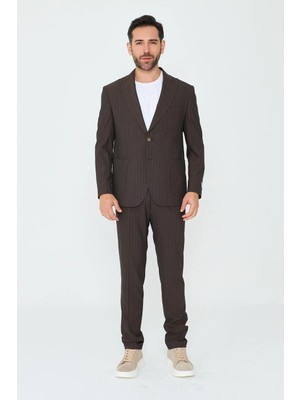 White Stone Kahverengi Çizgili 6 Drop Erkek Slim Fit Takım Elbise