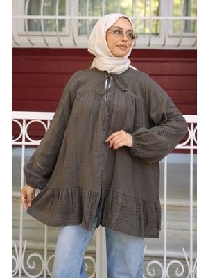 İmaj Butik Kahverengi Yaka Bağlamalı Müslin Tunik