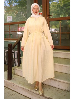 İmaj Butik Sarı Bel Bağlamalı Düğmeli Elbise