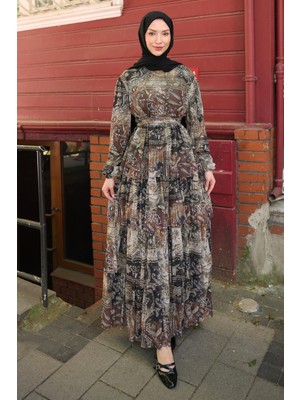 İmaj Butik Haki Eteği Katlı Desenli Şifon Elbise