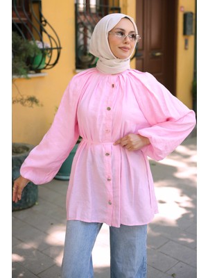 İmaj Butik Pembe Yaka Pileli Bel Bağlamalı Gömlek