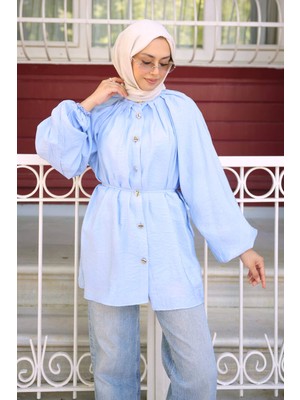 İmaj Butik Bebe Mavi Yaka Pileli Bel Bağlamalı Gömlek