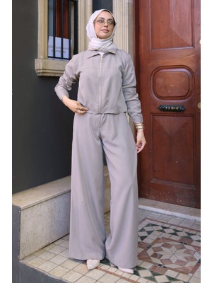 İmaj Butik Vizon Fermuarlı Ceket Pantolonlu Tencel Takım