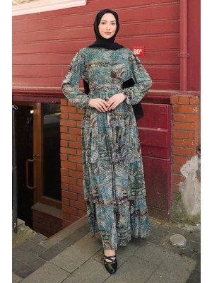 İmaj Butik Yeşil Eteği Katlı Desenli Şifon Elbise