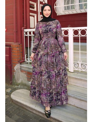 İmaj Butik Mor Eteği Katlı Desenli Şifon Elbise