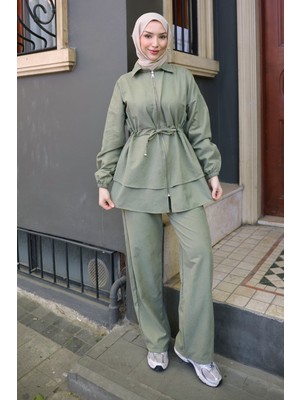 İmaj Butik Haki Fermuarlı Bel Ip Bağlamalı Ceket Pantolonlu Takım