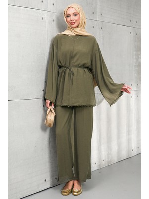 İmaj Butik Haki Bel Bağlamalı Tunik Pantolonlu Takım