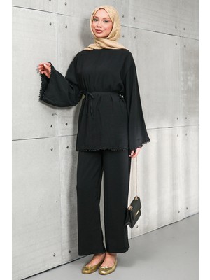 İmaj Butik Siyah Bel Bağlamalı Tunik Pantolonlu Takım