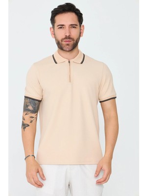 White Stone Bej Fermuarlı Erkek Polo Yaka Tişört