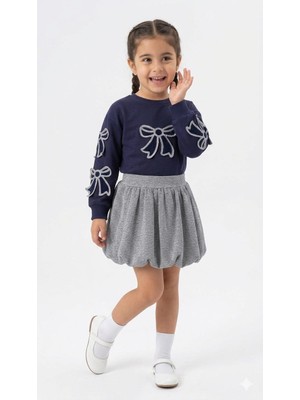 HaanBebe Fiyonk Nakışlı Kız Çocuk Sweatshirt ve Balon Etek Ikili Takım - Lacivert / Gri