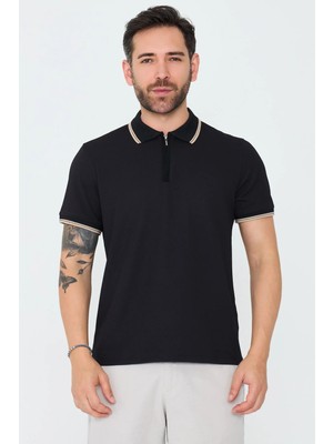 White Stone Siyah Erkek Fermuarlı Polo Yaka Tişört