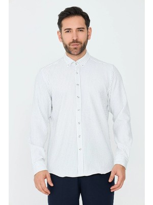 White Stone Beyaz Çizgili Dynamic Fit Erkek Uzun Kollu Gömlek