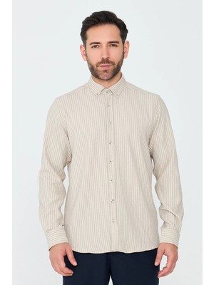 White Stone Krem Rengi Çizgili Dynamic Fit Erkek Uzun Kollu Gömlek