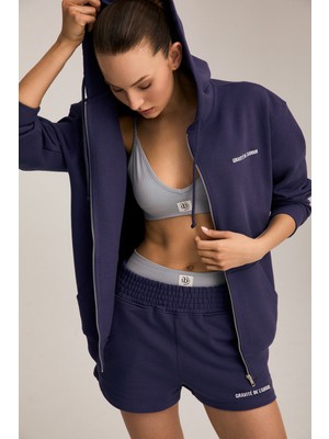 Urban Beat Kessı Kadın Oversize Organik Pamuklu Metal Fermuarlı Kapüşonlu Indigo Sweatshirt
