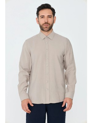 White Stone Krem Rengi Dynamic Fit Uzun Kollu Erkek Gömlek
