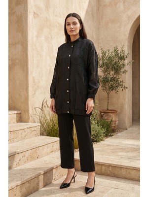 Lale Butik Organze Kumaş Üst Ceketi Taşlı Düğmeli Desenli Ceket Pantolonlu Takım 14396 Siyah