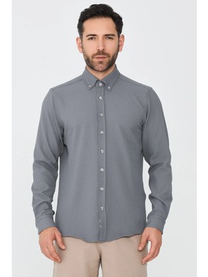 White Stone Gri Mikro Desenli Dynamic Fit Uzun Kollu Gömlek