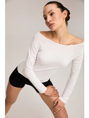 Urban Beat Noxva Kadın Organik Pamuklu Kayık Yaka Reglan Kol Slim Fit Beyaz Bluz