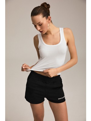 Urban Beat Roxana Kadın Fitilli Görünümlü Slim Fit Vücuda Oturan Havuz Yakalı Pamuklu Beyaz Atlet