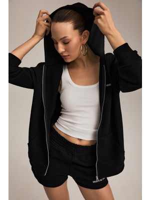 Urban Beat Kessı Kadın Oversize Organik Pamuklu Metal Fermuarlı Kapüşonlu Siyah Sweatshirt