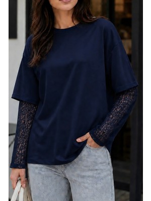 İmaj Butik Lacivert Bisiklet Yaka Kol Dantelli Bluz