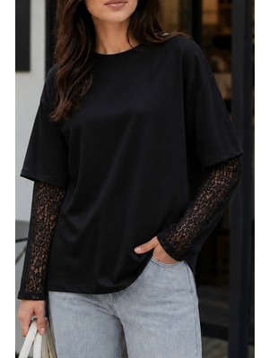İmaj Butik Siyah Bisiklet Yaka Kol Dantelli Bluz
