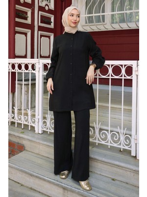 İmaj Butik Siyah Düğmeli Tunik Pantolonlu Takım