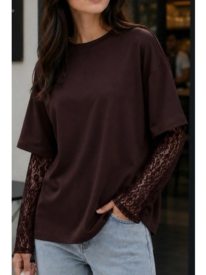 İmaj Butik Kahverengi Bisiklet Yaka Kol Dantelli Bluz