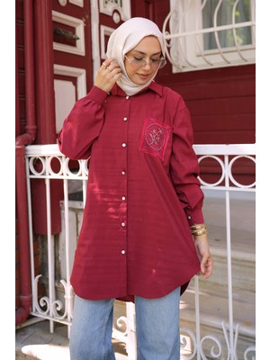 İmaj Butik Bordo Düğmeli Taş Detaylı Modal Gömlek