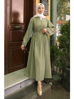 İmaj Butik Haki Bel Bağlamalı Düğmeli Elbise