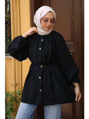 İmaj Butik Siyah Yaka Pileli Bel Bağlamalı Gömlek