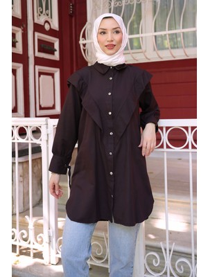 İmaj Butik Kahverengi Ön Detaylı Kol Bağlamalı Tunik