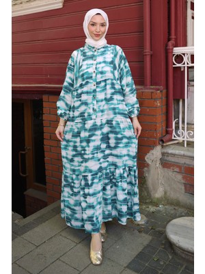İmaj Butik Yeşil Yarım Düğmeli Kol Lastikli Batik Desenli Viskon Elbise