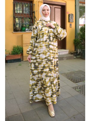 İmaj Butik Hardal Yarım Düğmeli Kol Lastikli Batik Desenli Viskon Elbise