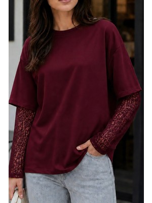 İmaj Butik Bordo Bisiklet Yaka Kol Dantelli Bluz